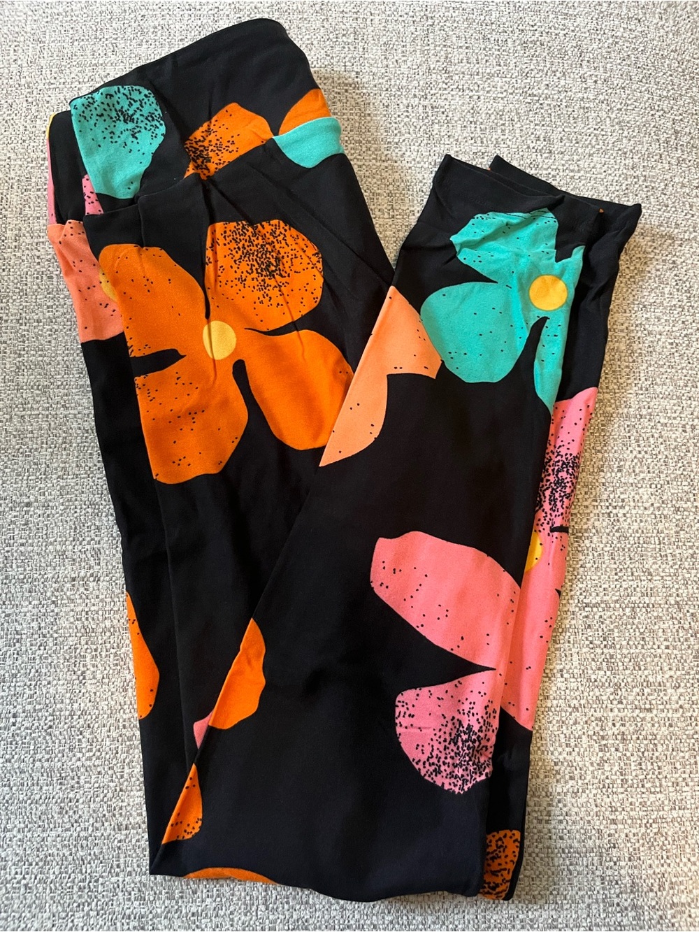 LuLaRoe OS Black Leggings with Bold Orange, Pink & Teal Floral Print
